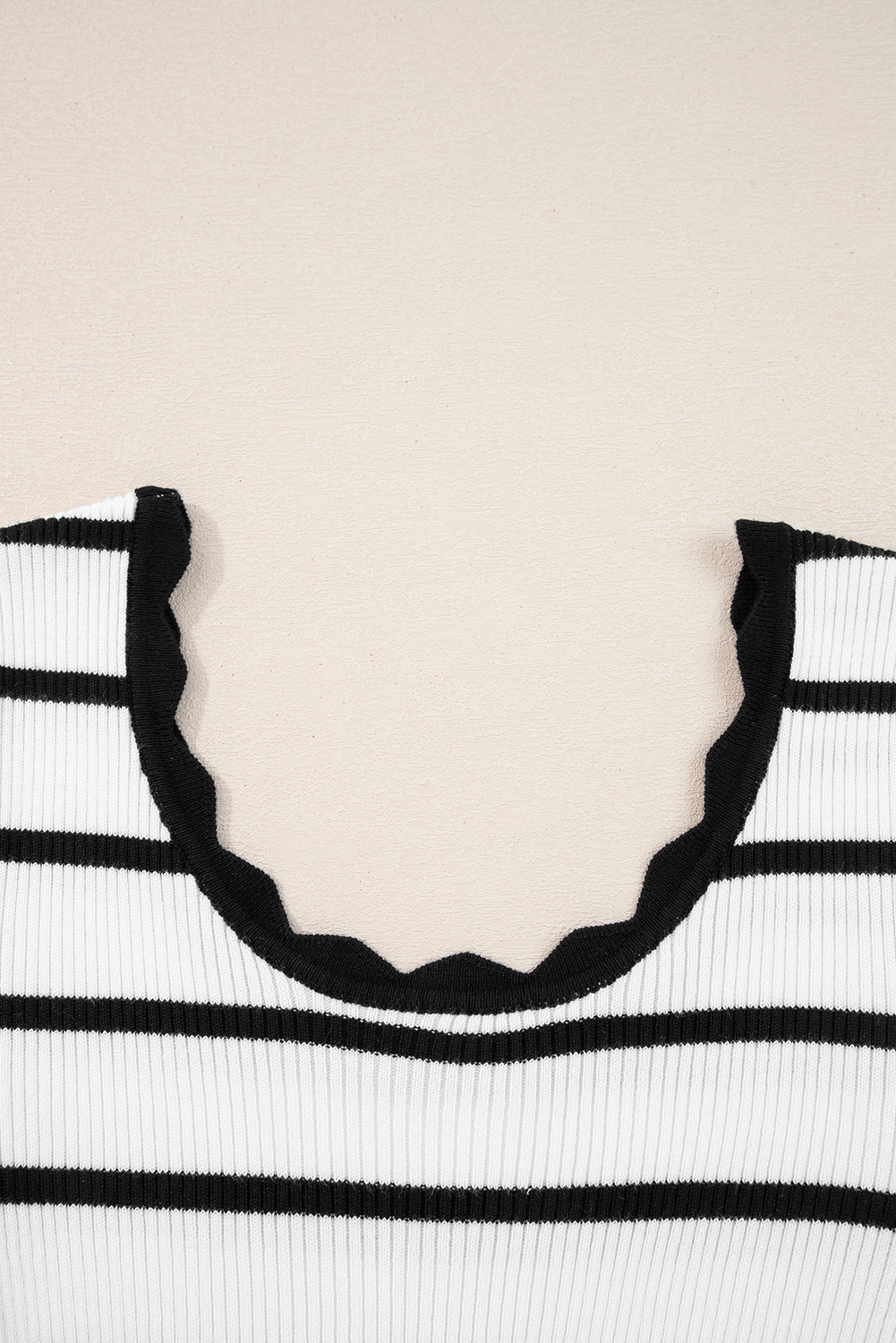 Black white Scalloped Trim U Neck Striped Ribbed Slim Sweater - loveforevers