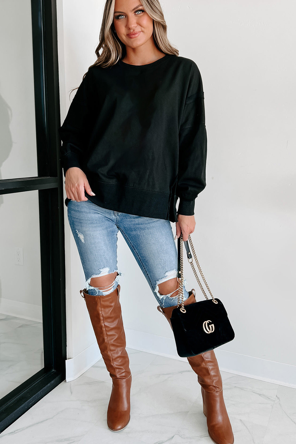 Black Exposed Seam Drop Shoulder Round Neck Sweatshirt with Slits - loveforevers