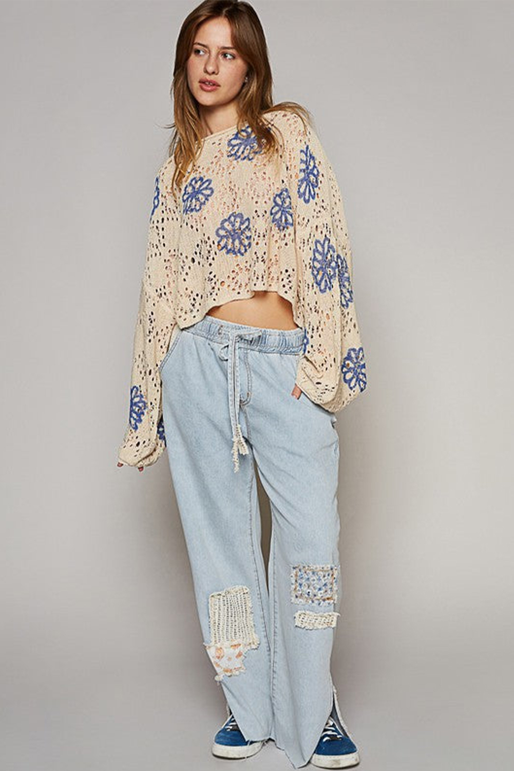 Beige Contrast Flower Print Eyelet Drop Shoulder Sweater - loveforevers