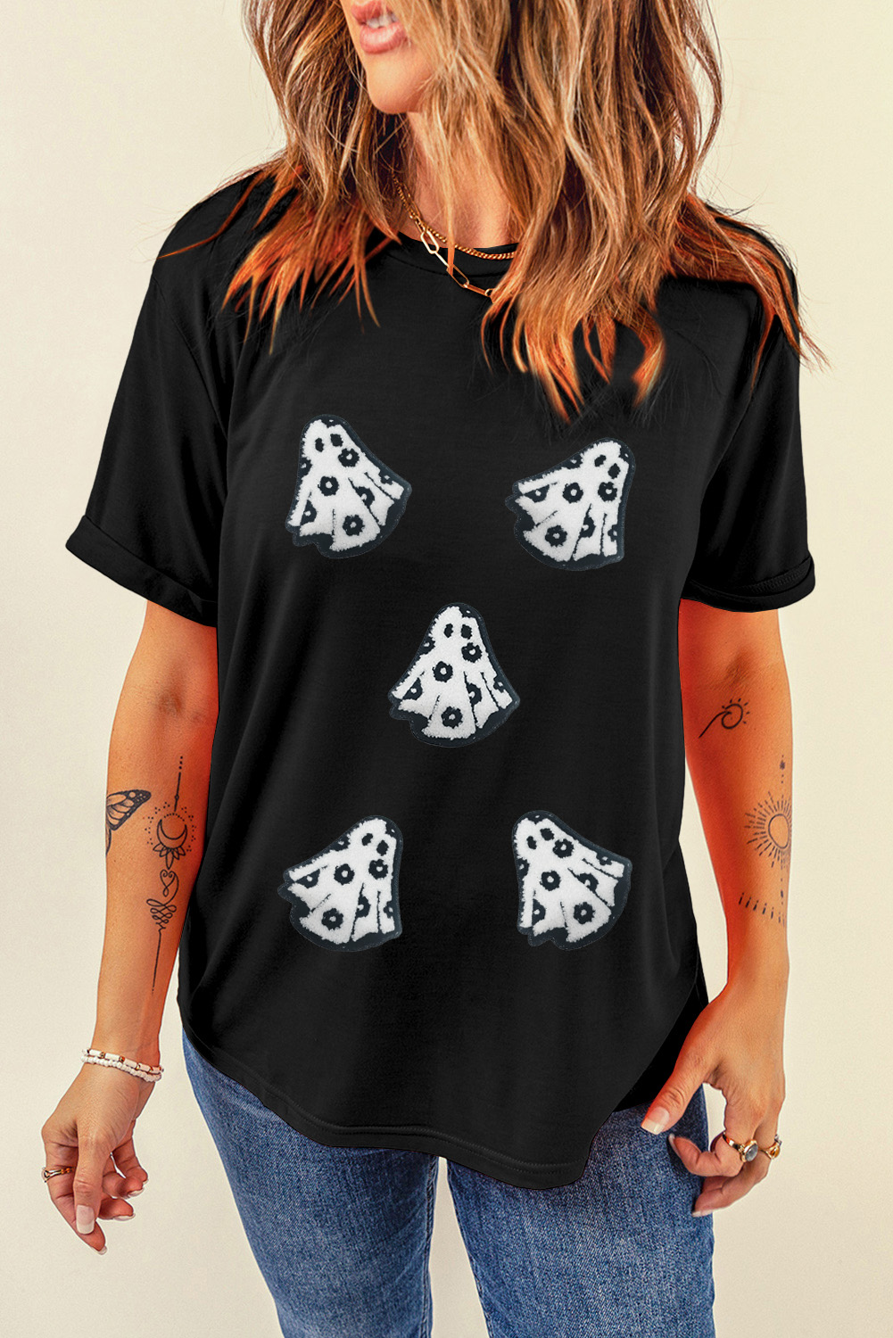White Playful Ghost Patched Cotton Blend T Shirt - loveforevers