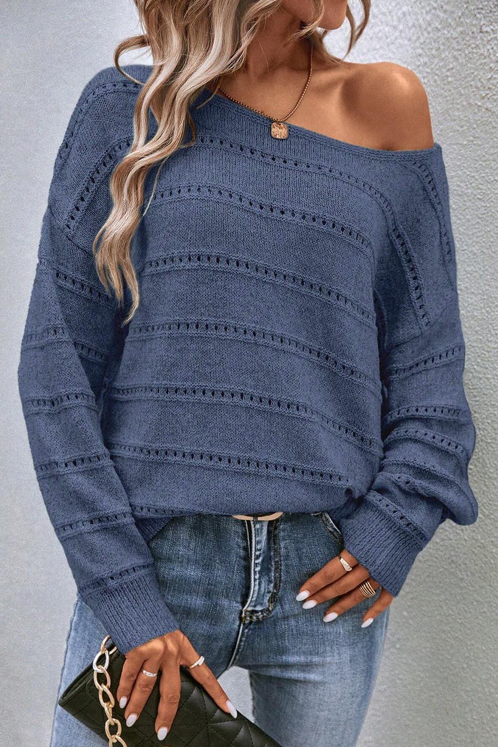 Real Teal Boat Neck Drop Shoulder Pointelle Knit Sweater - loveforevers