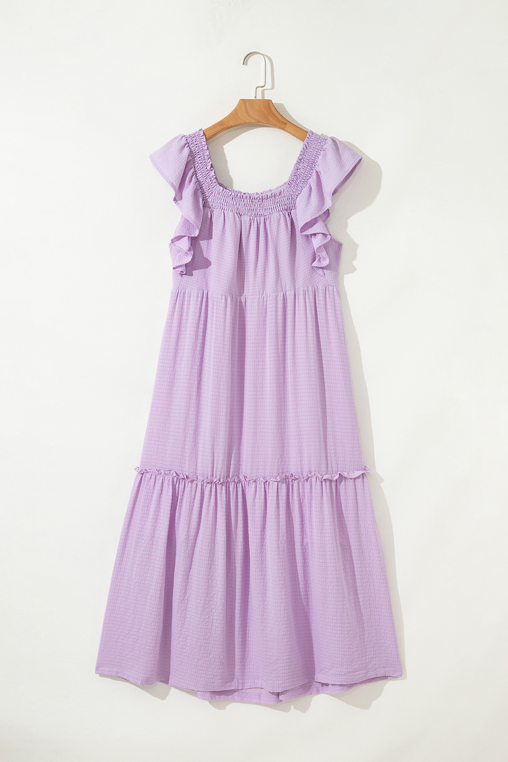 Sky Blue Ruffled Flutter Sleeve Square Neck Textured Tiered Maxi Dress - loveforevers