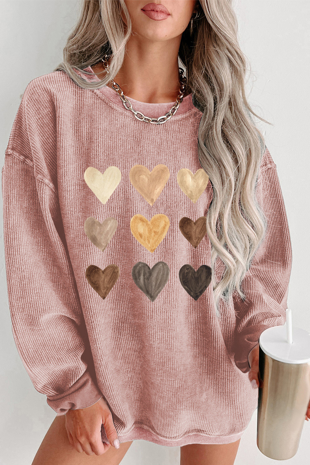 Pink Valentine Heart Graphic Corded Pullover Sweatshirt - loveforevers