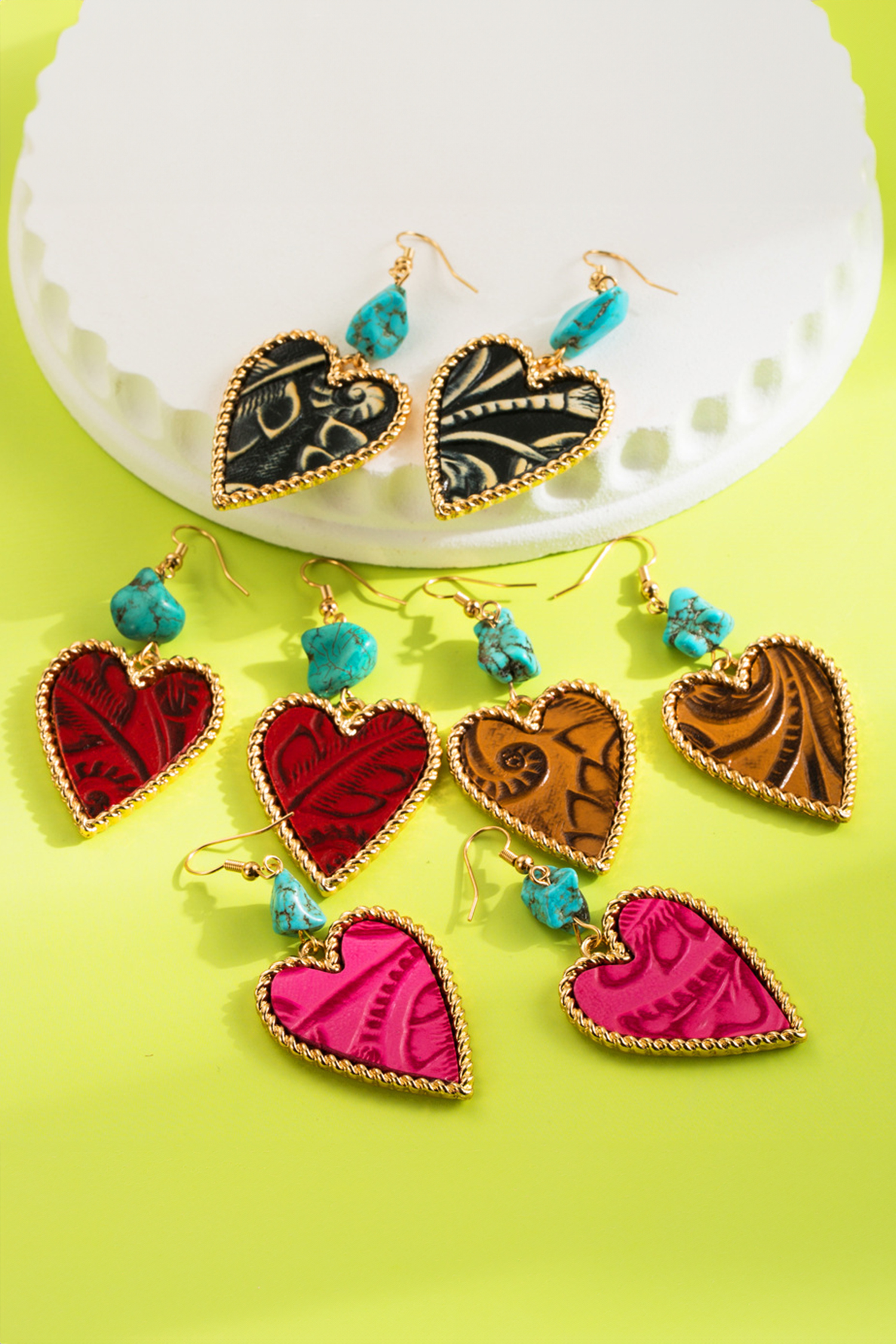 Rose Red Playful Heart Dangle Turquoise Detail Open Hook Earrings - loveforevers