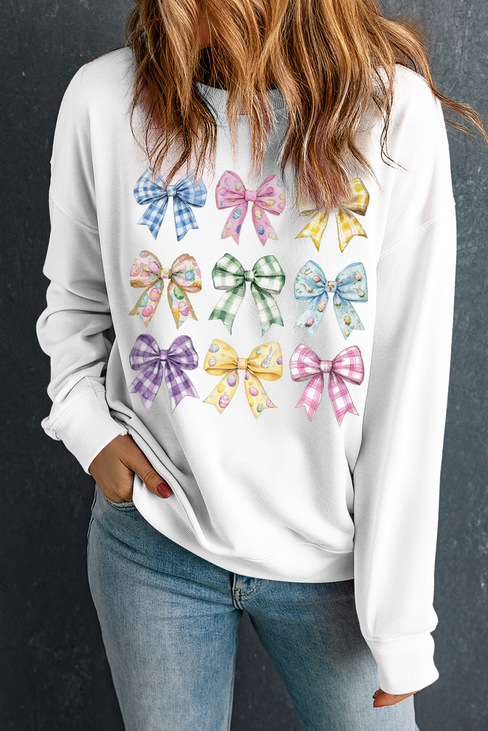 White Easter Eggs Plaid Bow Graphic Drop Shoulder Sweatshirt - loveforevers