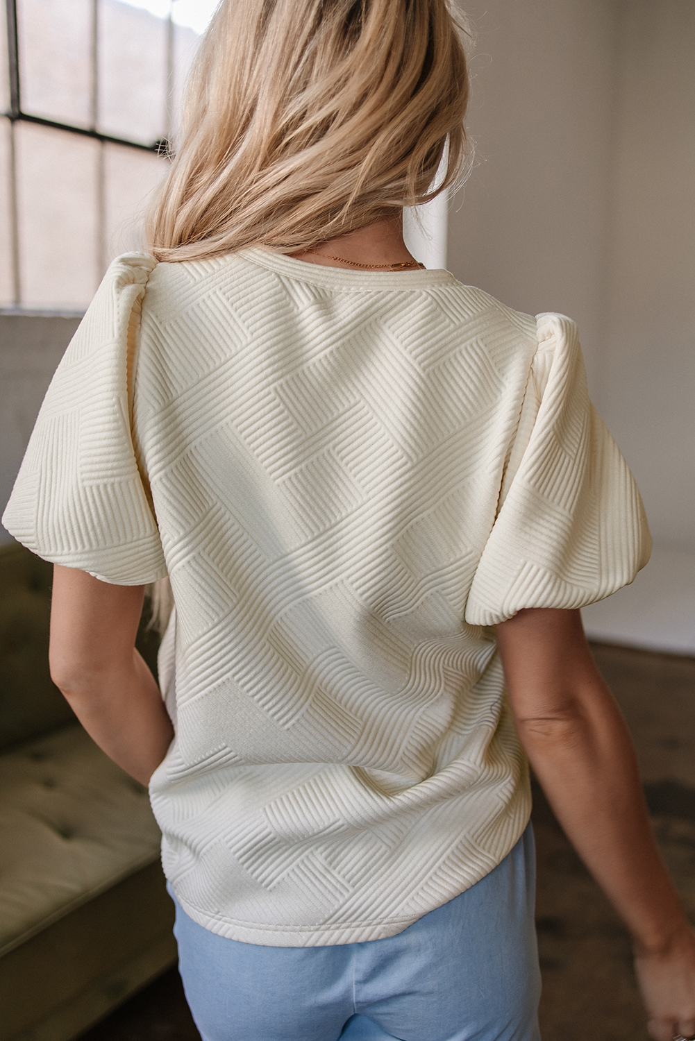 Oatmeal Textured Puff Sleeve T-shirt - loveforevers