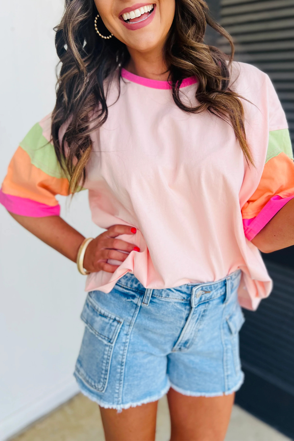 Pink Color Block Stitching Sleeve Round Neck Oversize Top - loveforevers