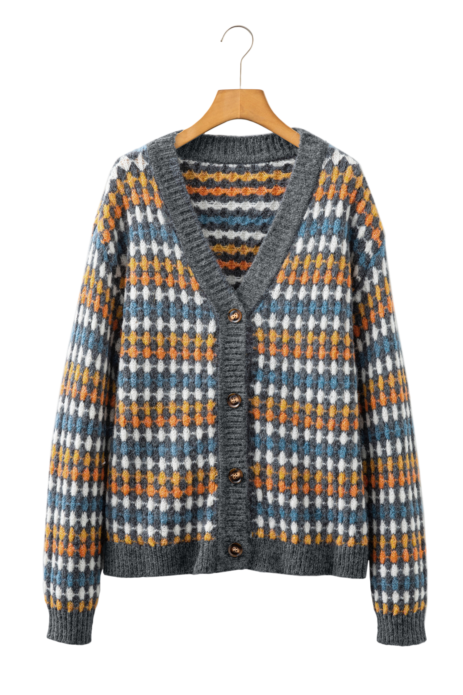 Gray Dotty Pattern Knit Button Front V Neck Sweater Cardigan - loveforevers