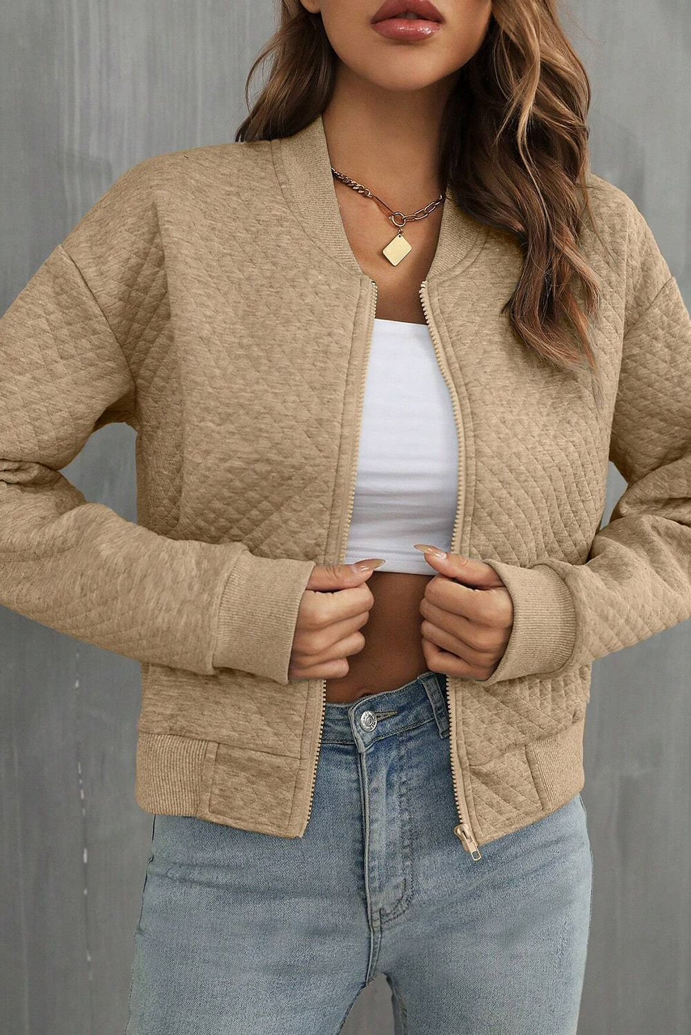 Pale Khaki Solid Geometric Textured Baseball Collar Jacket - loveforevers