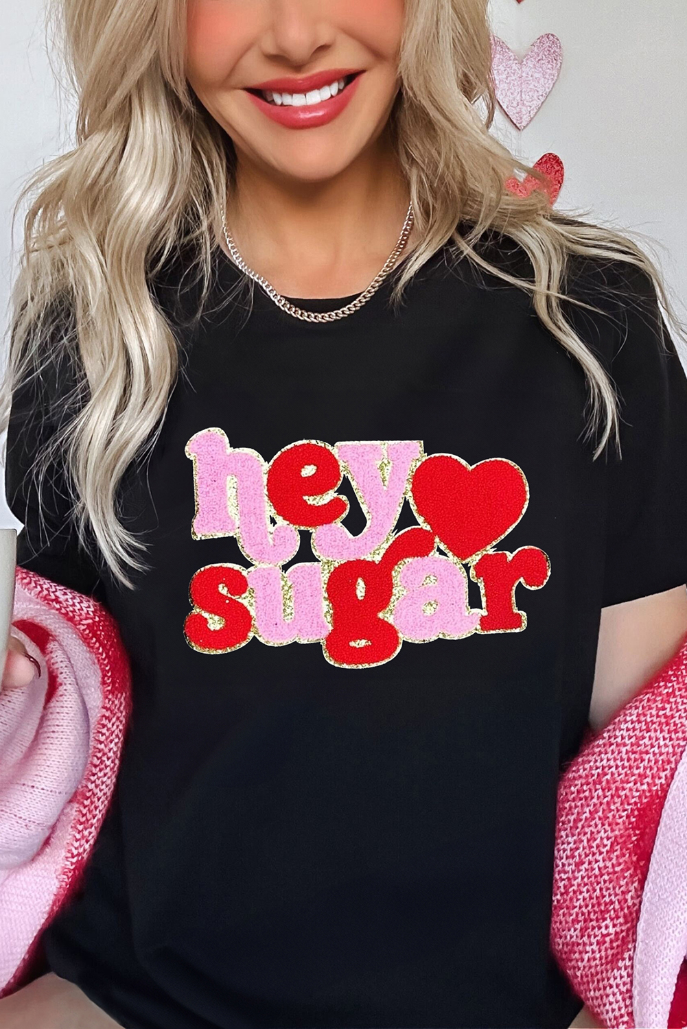 Black Chenille Heart hey sugar Patched Crewneck Valentines Tee - loveforevers