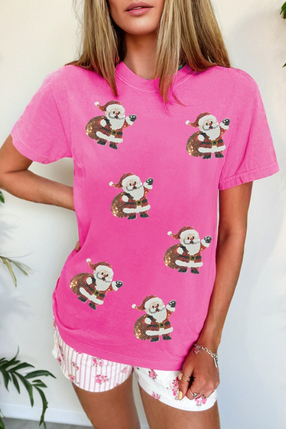 Sachet Pink Santa Claus Deliver Gifts Sequin Graphic Tee - loveforevers