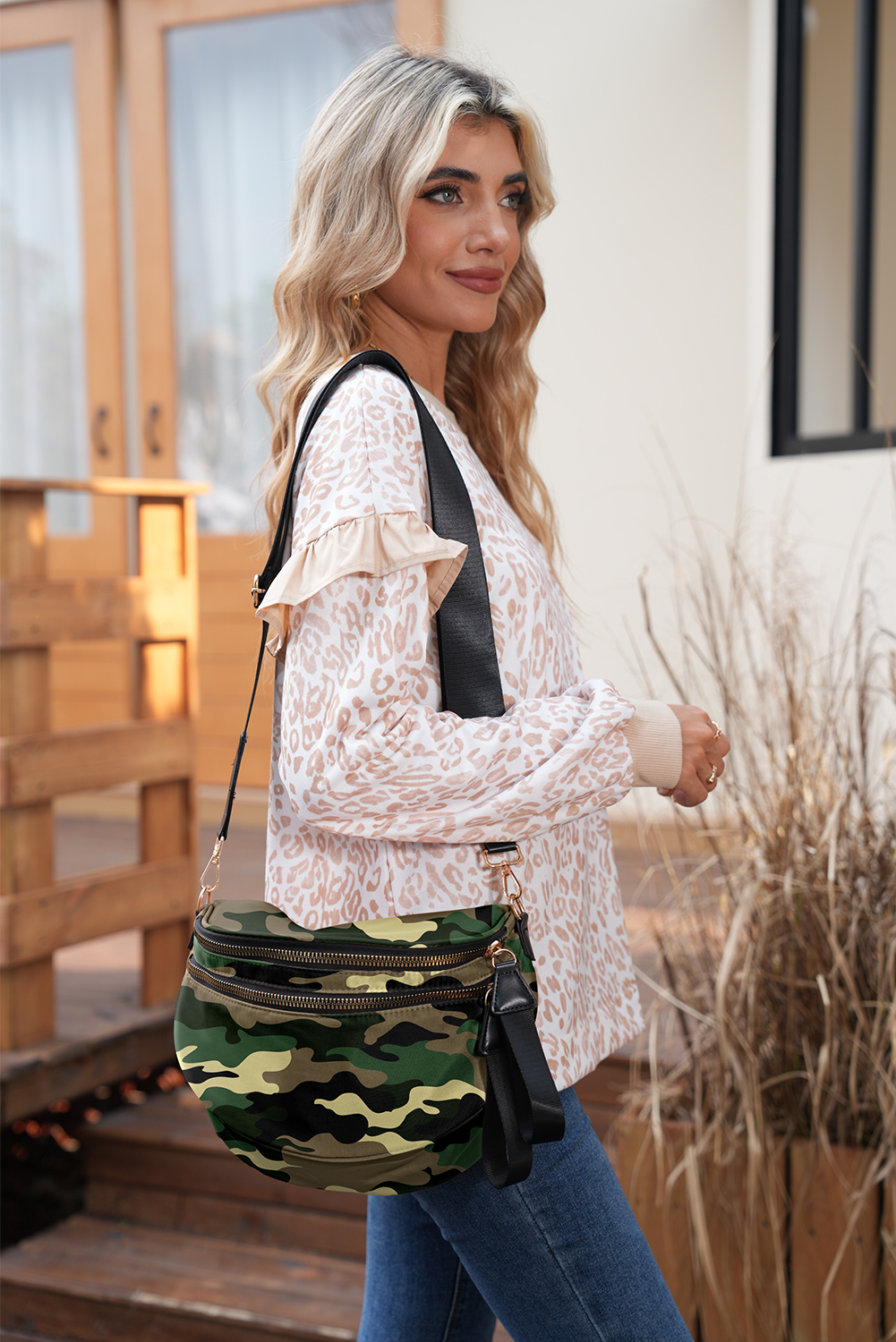 Camel Polka Dot Print Gold Chain Strap Double Zipper Crossbody Bag - loveforevers