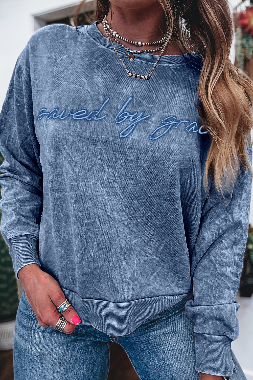 DUNE saved by grace Letter Embroidery Mineral Wash Loose Sweatshirt - loveforevers