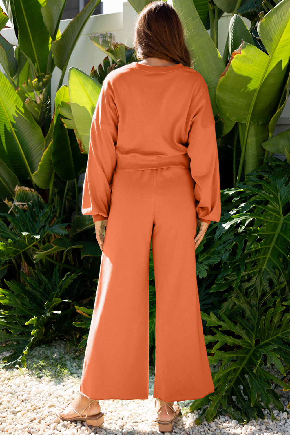 Bright Green Drop Shoulder Puff Sleeve Crop Pullover Drawstring Wide Leg Pants Set - loveforevers