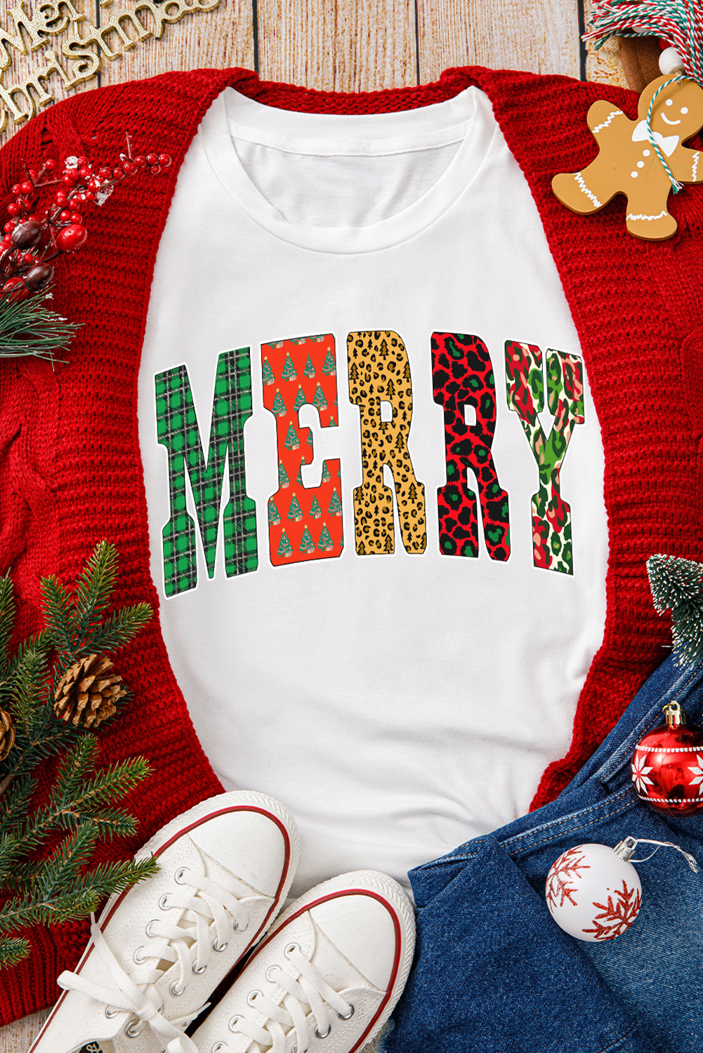 White Leopard Plaid Multi-pattern MERRY Letter Graphic Tee - loveforevers