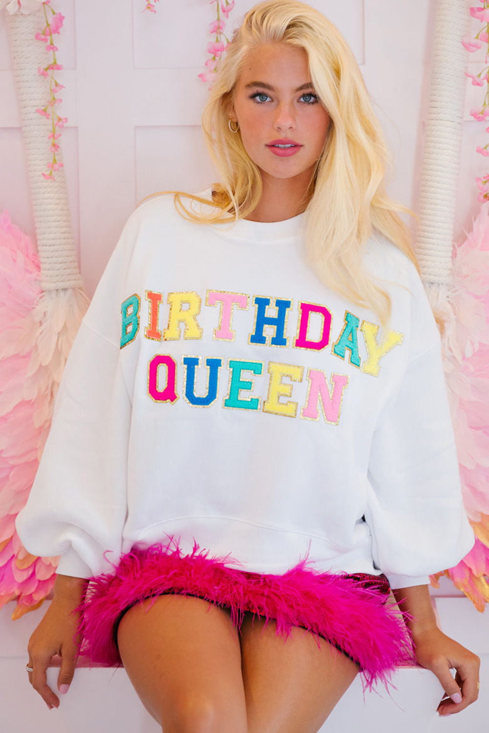 White BIRTHDAY QUEEN Graphic Balloon Sleeve Sweatshirt - loveforevers