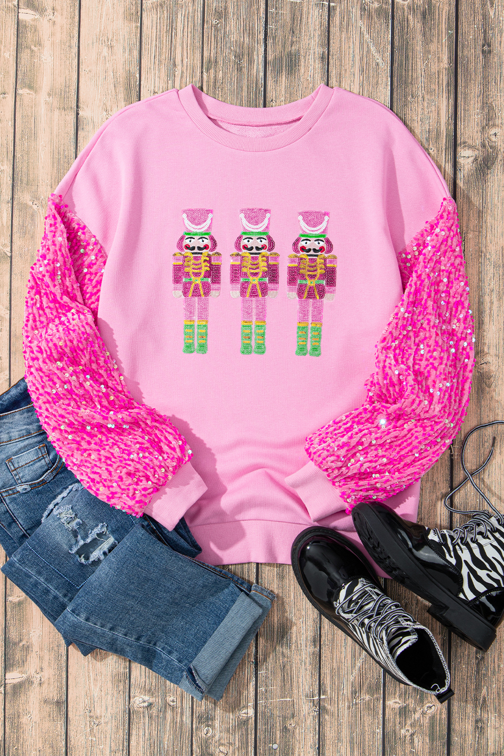 Pink Shiny Father Christmas Graphic Sequin Long Sleeve Top - loveforevers