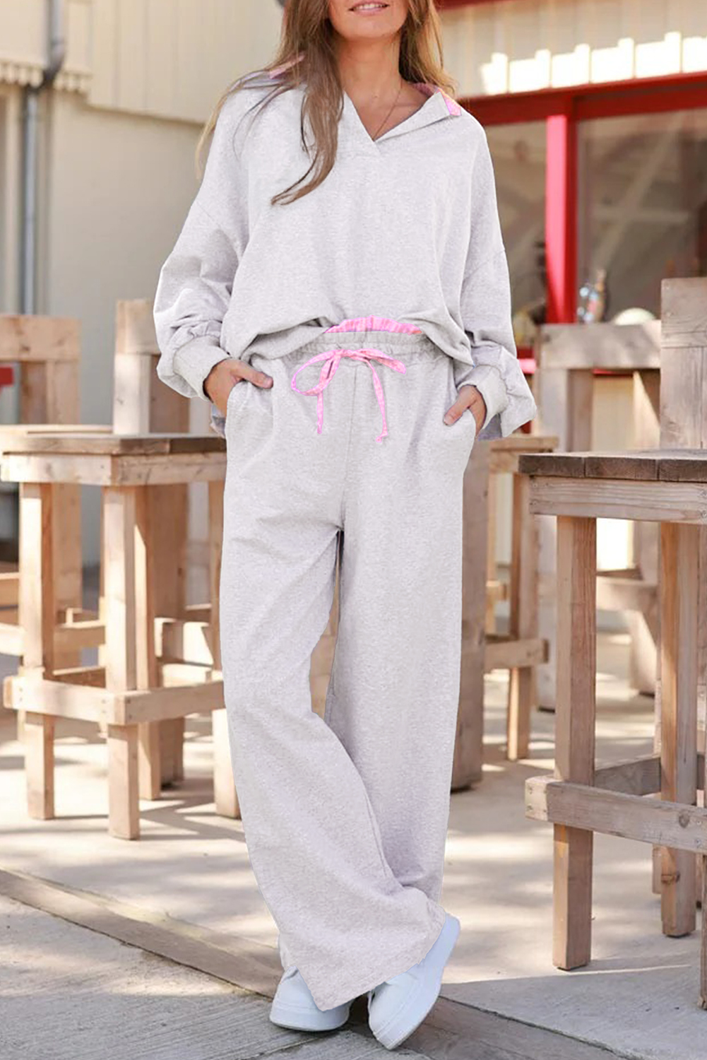 Light Grey 2pcs Contrasted Trim Frilled Collar Drop Shoulder Pullover Drawstring Pant Set - loveforevers