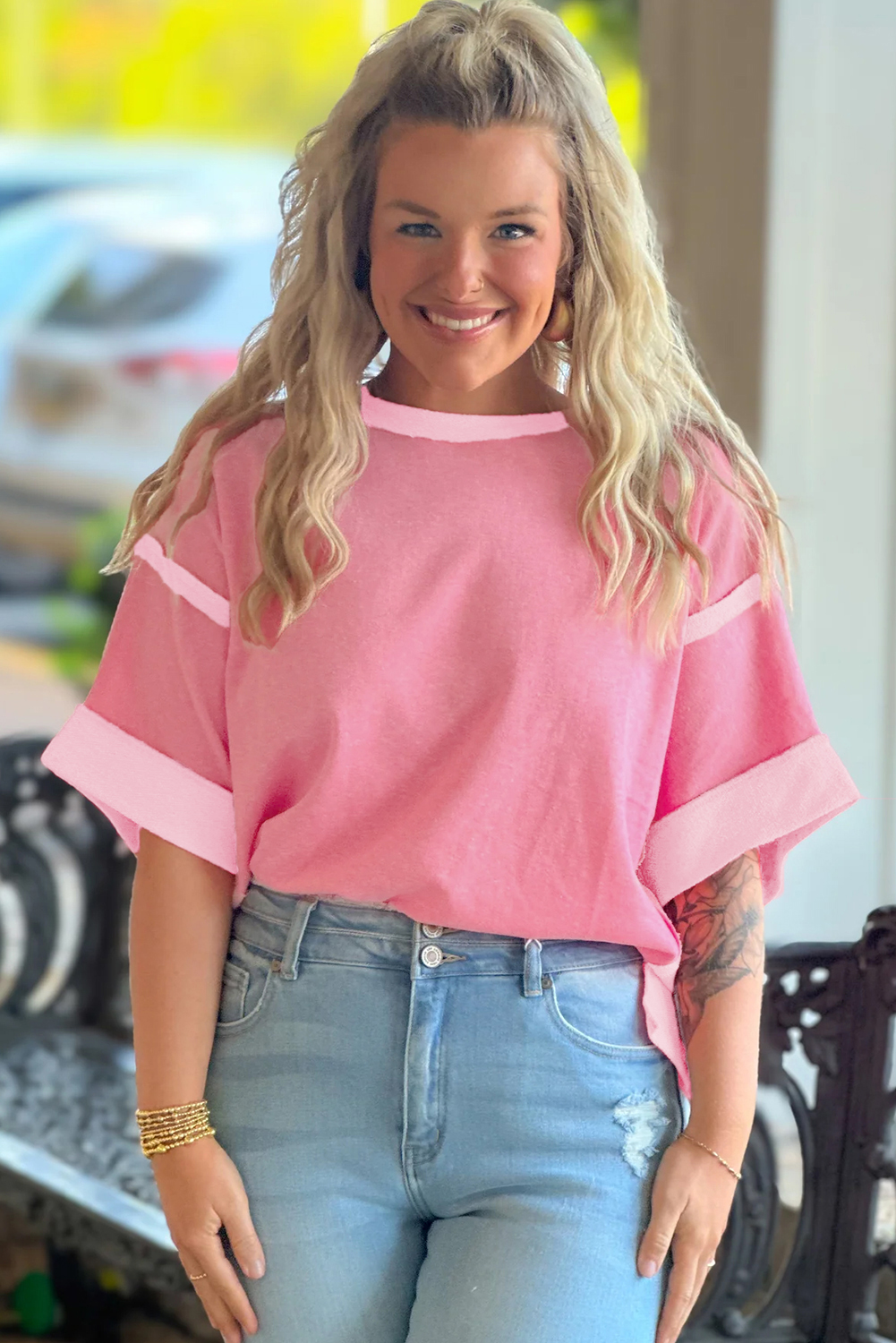 Smoke Green Half Sleeve Raw Seam High Low Side Split Top - loveforevers