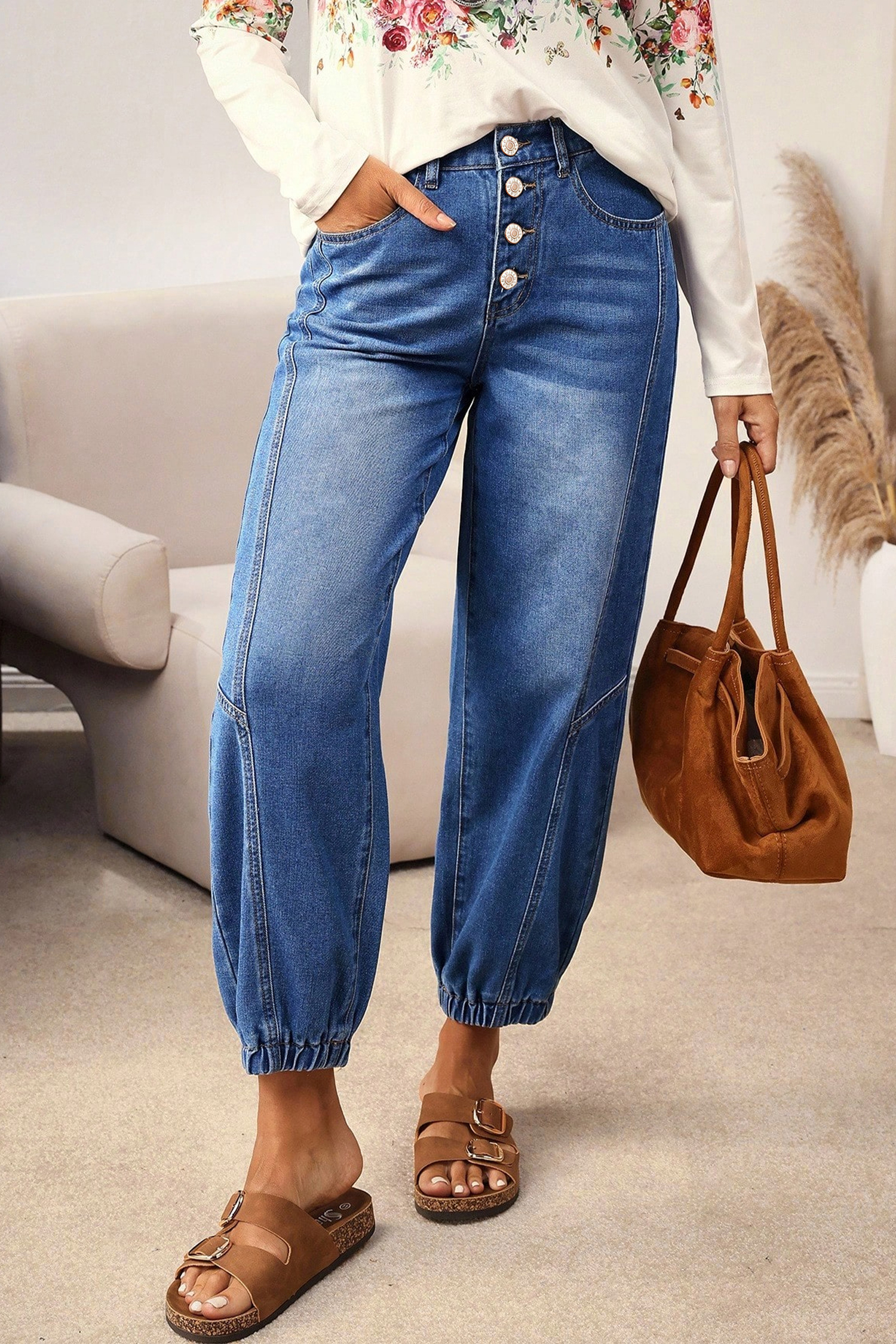 Dusk Blue Loose Straight Leg Cropped High Waist Jeans - loveforevers