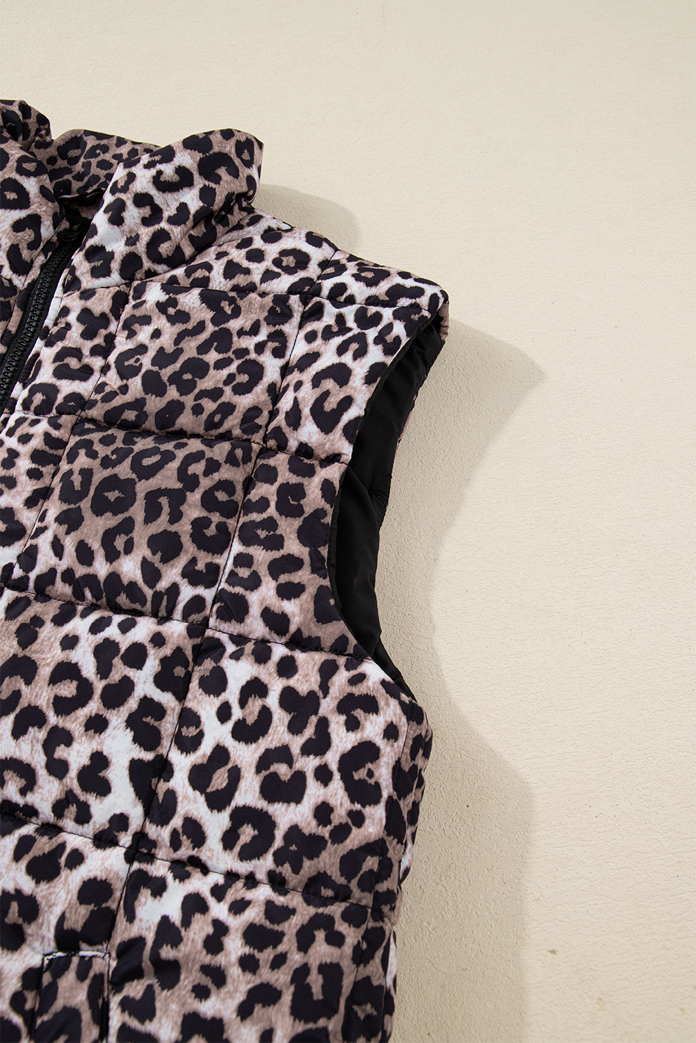 Brown Leopard Quilted Full Zipper Casual Puff Vest - loveforevers