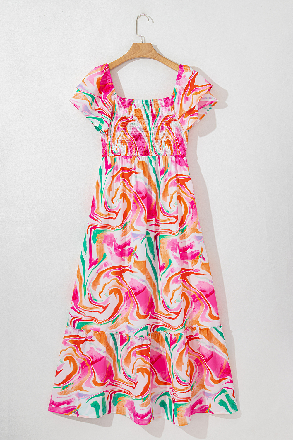 Pink Abstract Print Ruffled Sleeve Smocked Bust Maxi Dress - loveforevers