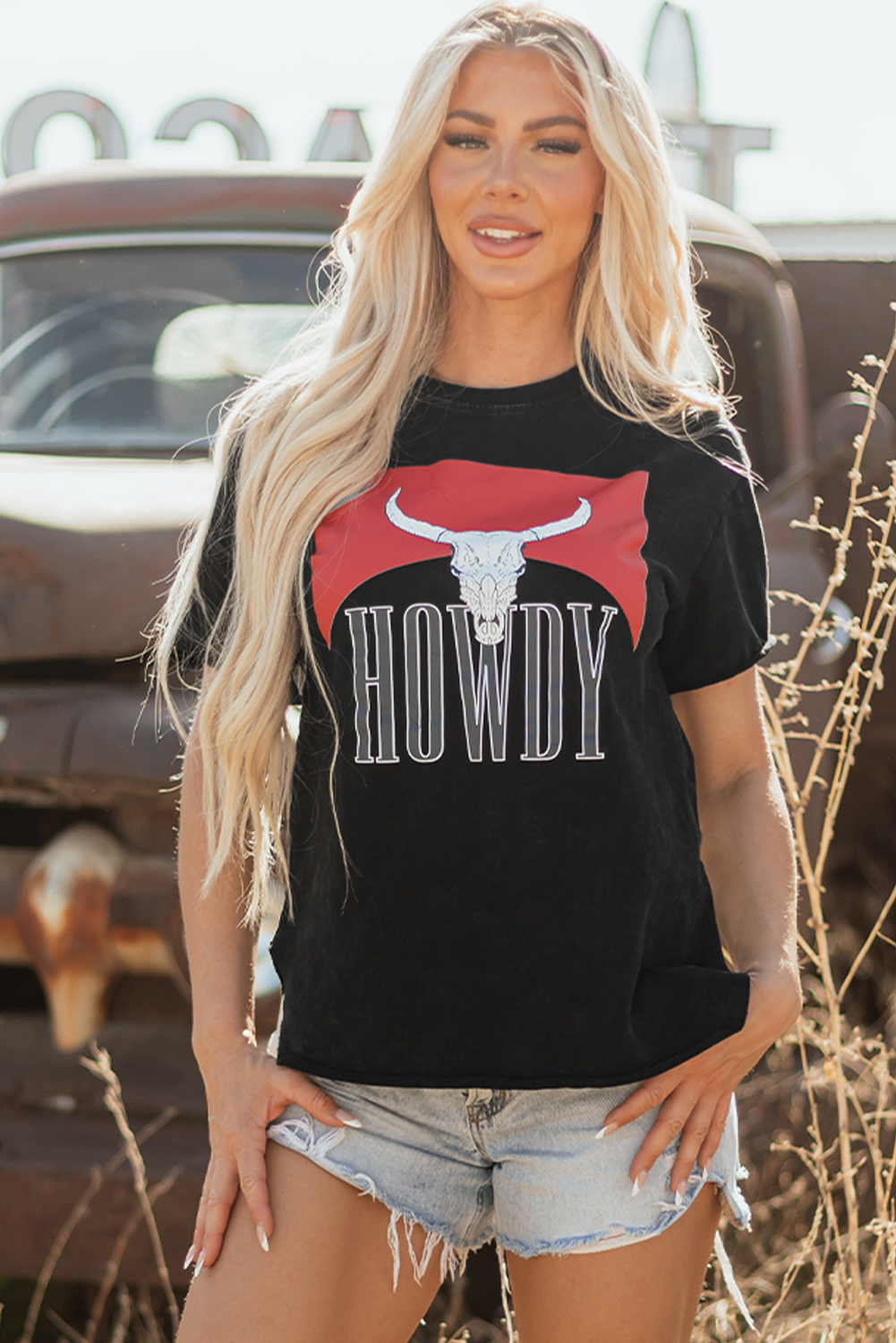 Black Western HOWDY Steer Head Print Side Slits Loose Fit T Shirt - loveforevers