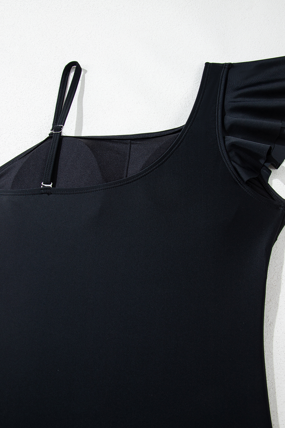 Black Asymmetric Ruffle Shoulder Pleated One Piece Swimsuit - loveforevers