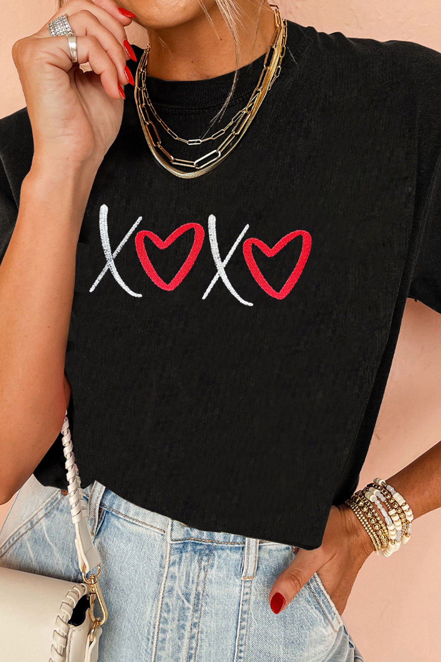 Black XOXO Valentines Heart Embroidered Casual Graphic Tee - loveforevers