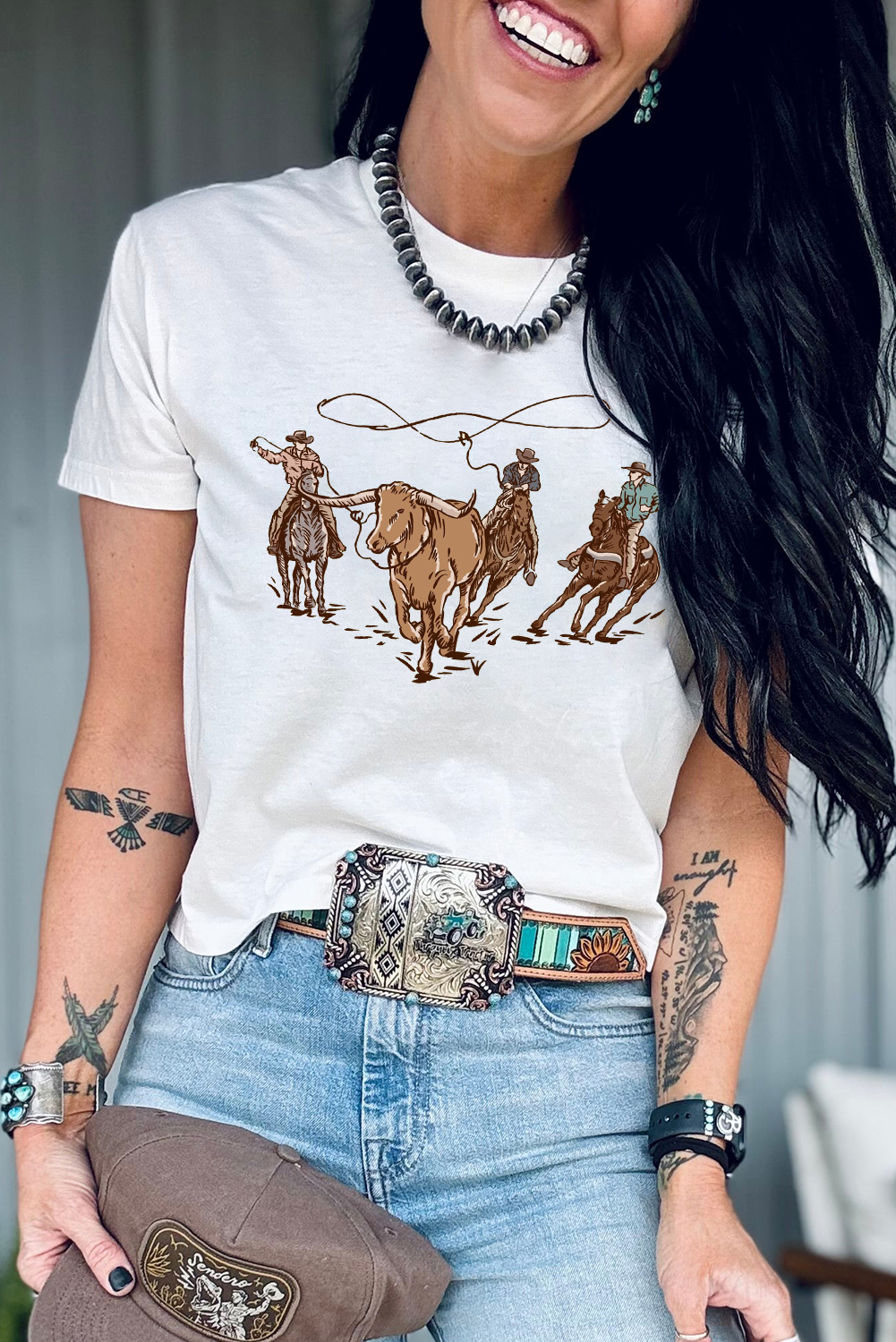 White Retro Cowboy Roping Cotton Blend Graphic Tee - loveforevers