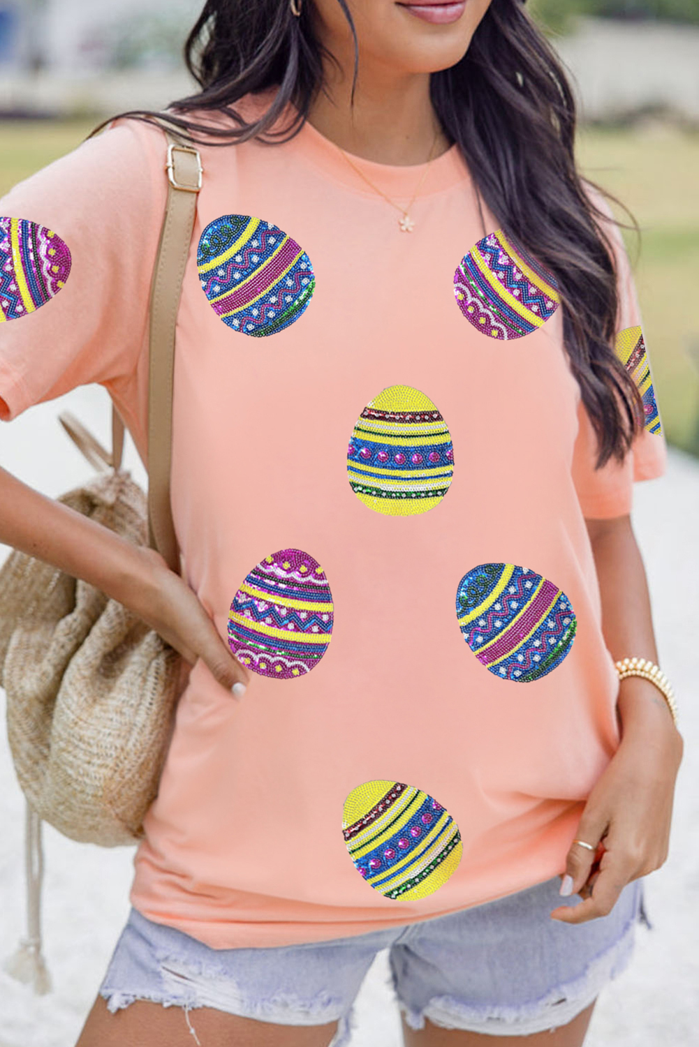 Pink Sequined Easter Egg Patched Print Holiday Tee - loveforevers