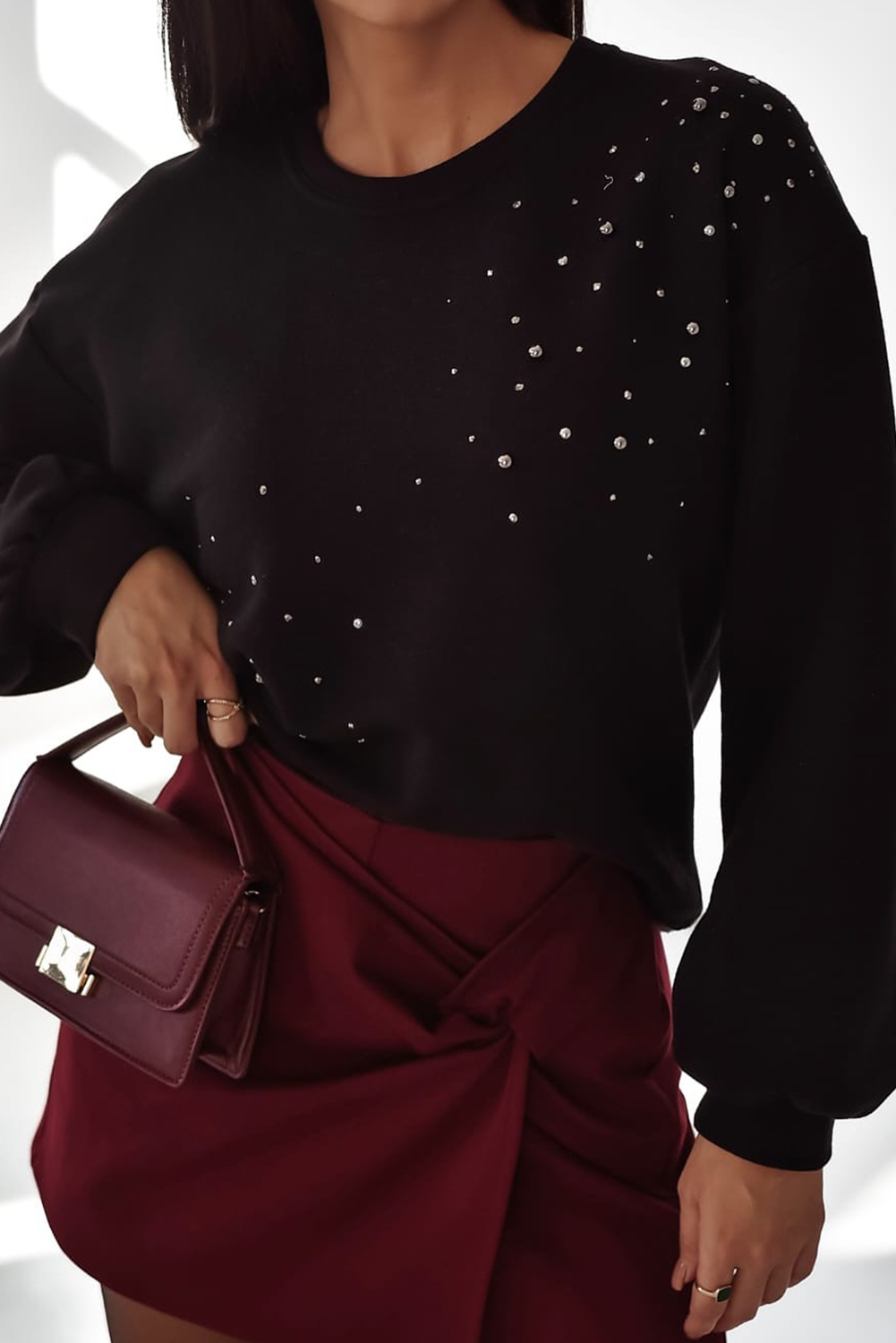 Black Rhinestone Embellished Drop Shoulder Ribbed Cuffs Wholesale Sweatshirt - loveforevers