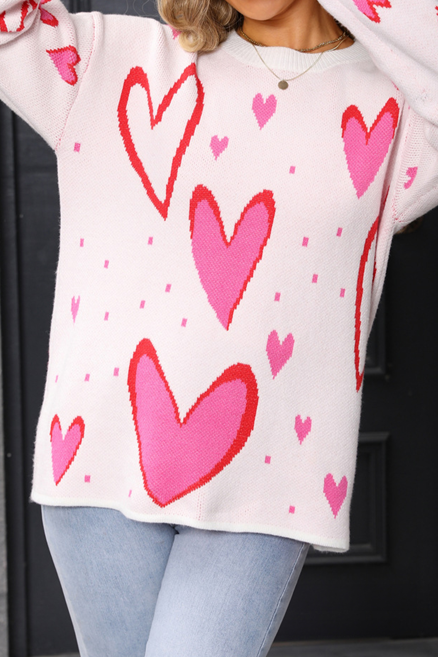 White Splendid Heart Print Valentines Day Sweater - loveforevers
