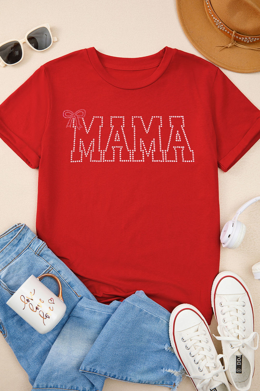 Red Rhinestone MAMA Bow Knot Pattern Crew Neck Loose Tee - loveforevers