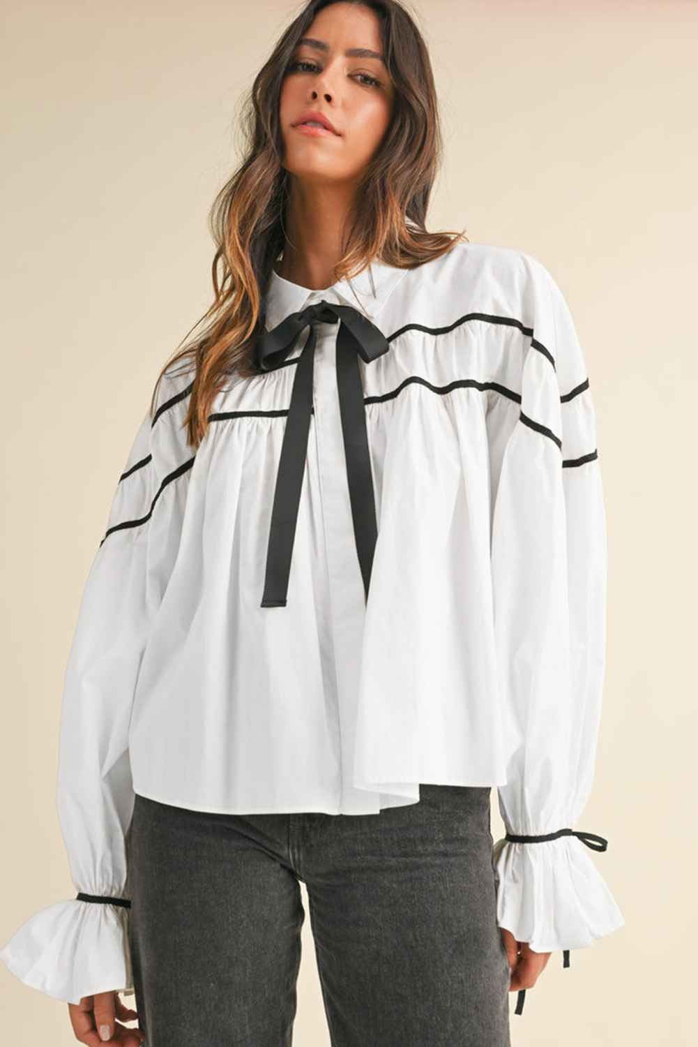White Black Pipping Ribbon Bowtie Collared Ruffled Puff Sleeve Shirt - loveforevers
