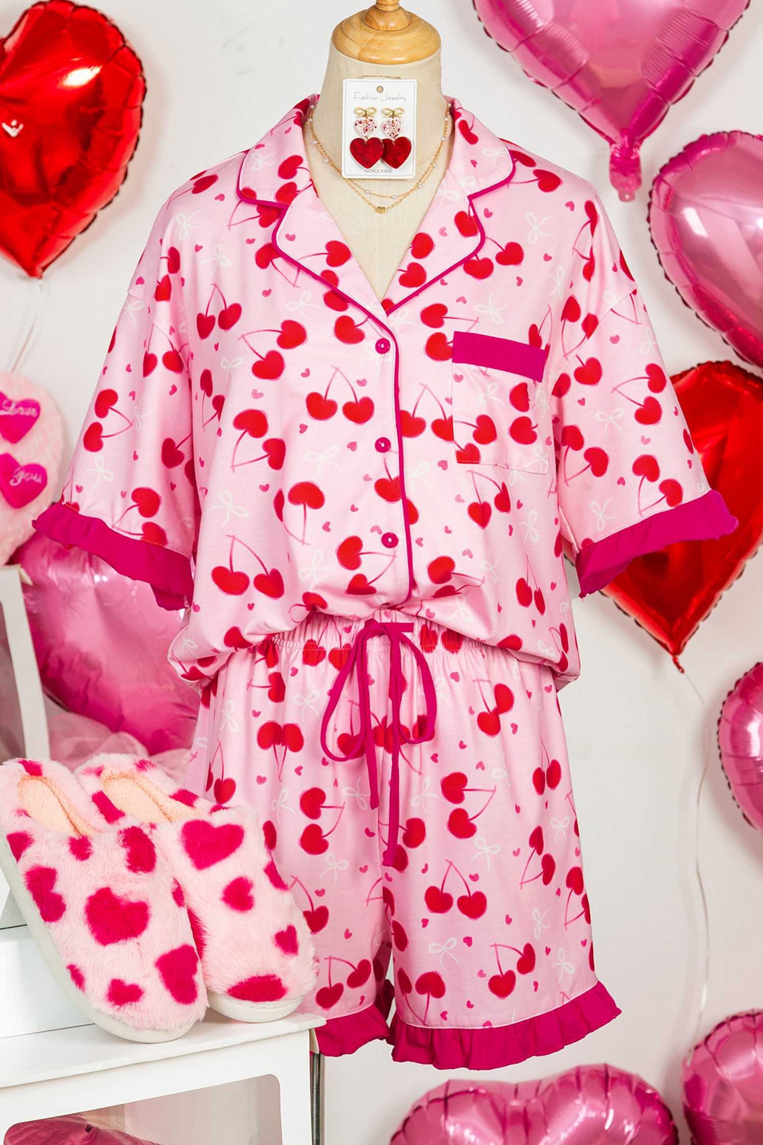 Rose Cherry Bow Mixed Print Scalloped Edge Short Pajama Set - loveforevers