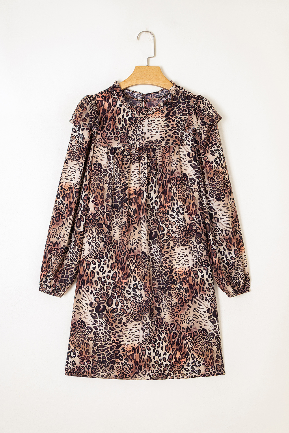 Brown Leopard Ruffled Detail Long Sleeve Loose Mini Dress - loveforevers