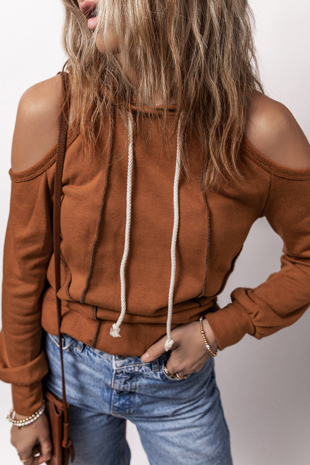 Cinnamon Exposed Seam Cold Shoulder Drawstring Hoodie - loveforevers