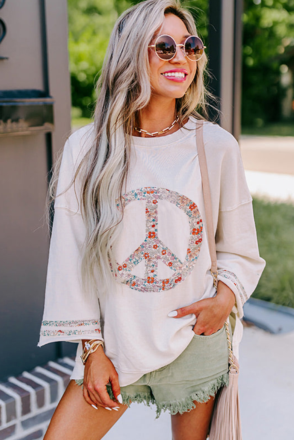 Beige Flower Patch Graphic Exposed Seam Wide Sleeve Top - loveforevers