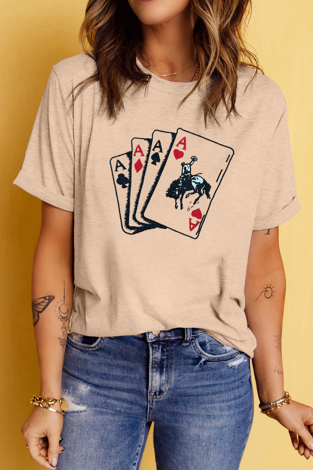 Khaki Poker Queen Embroidered Graphic Tee - loveforevers