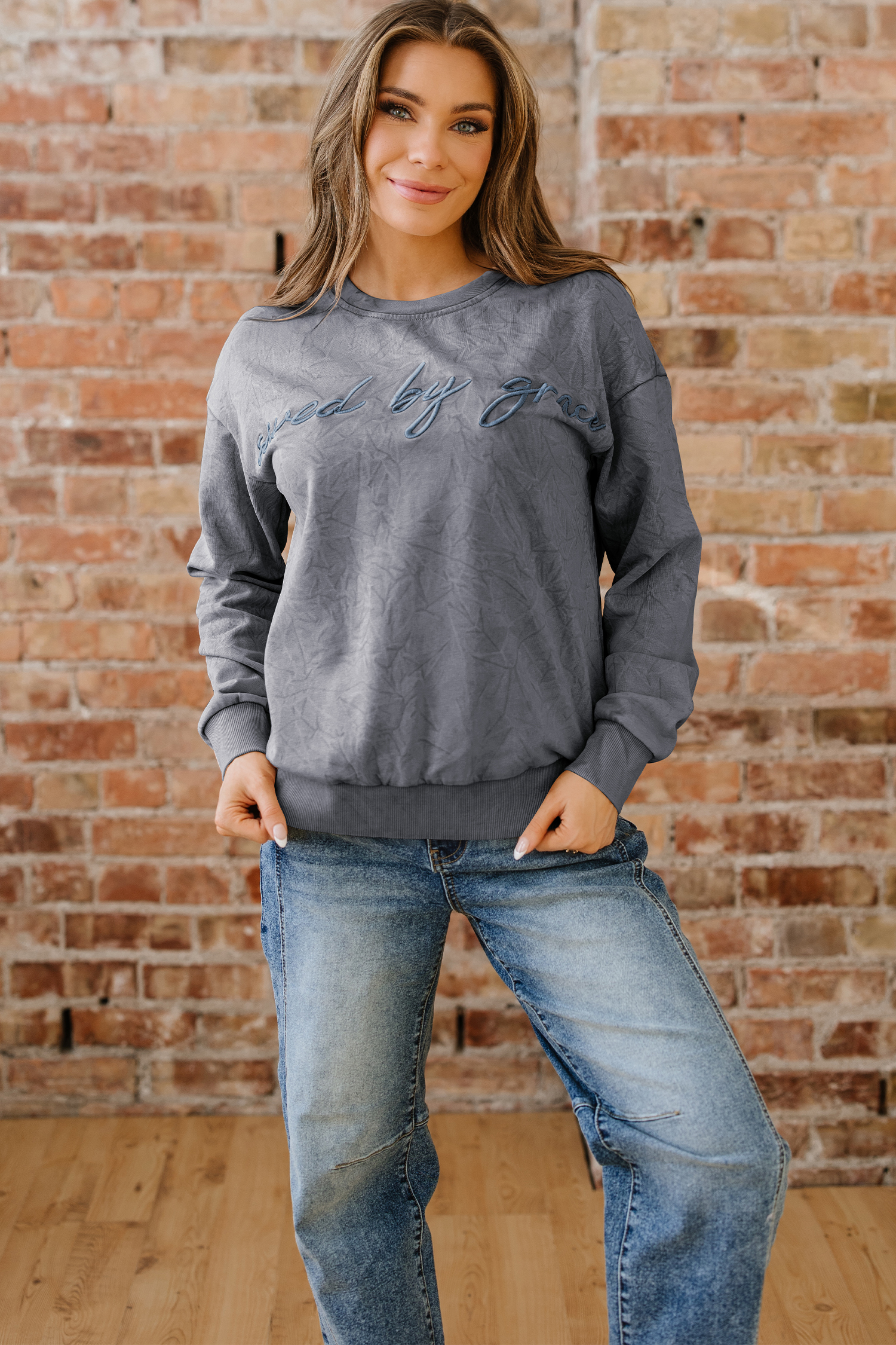 DUNE saved by grace Letter Embroidery Mineral Wash Loose Sweatshirt - loveforevers