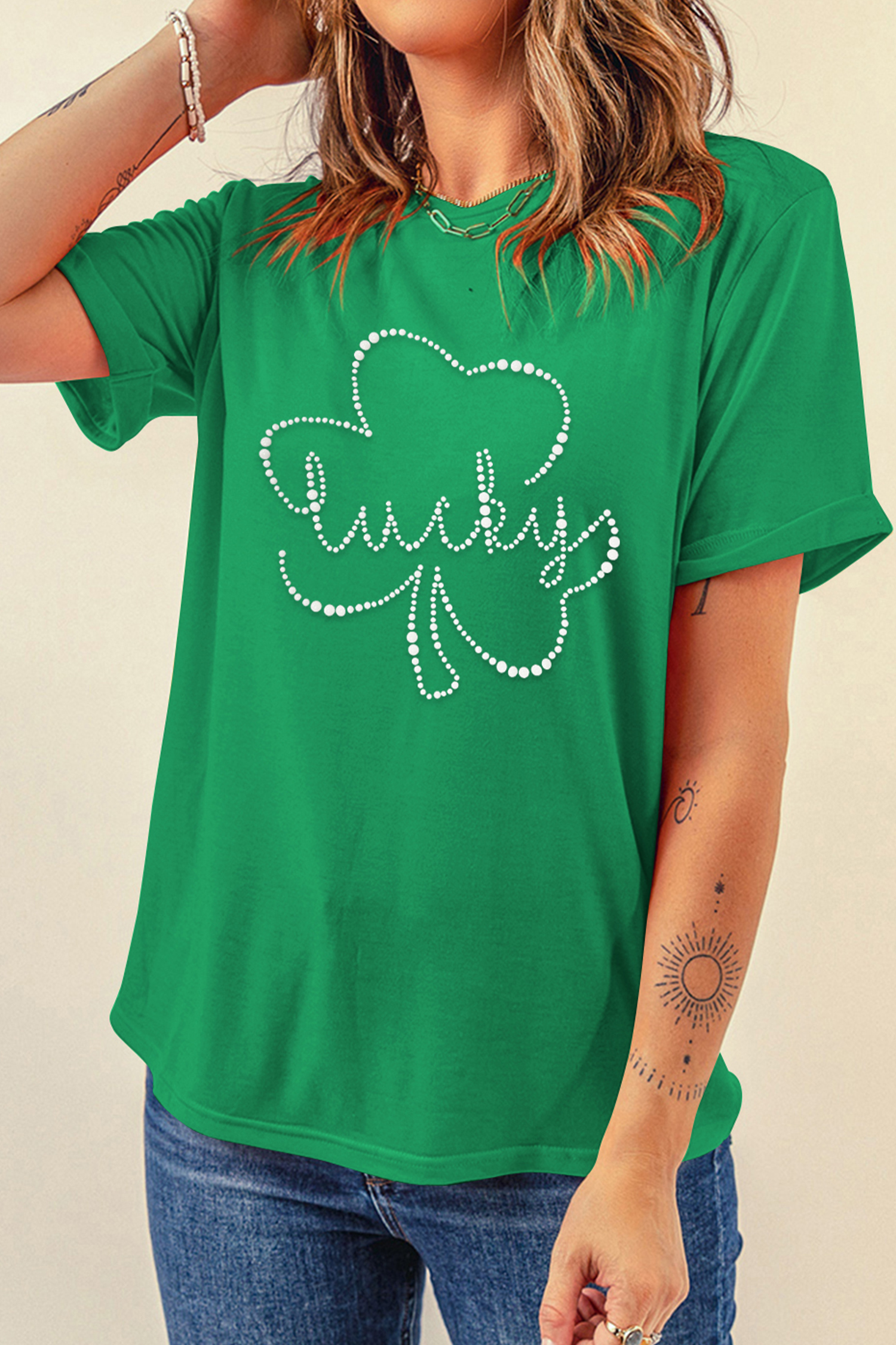 Bright Green Ceramic Rhinestone Lucky Clover Relaxed Round Neck Tee - loveforevers