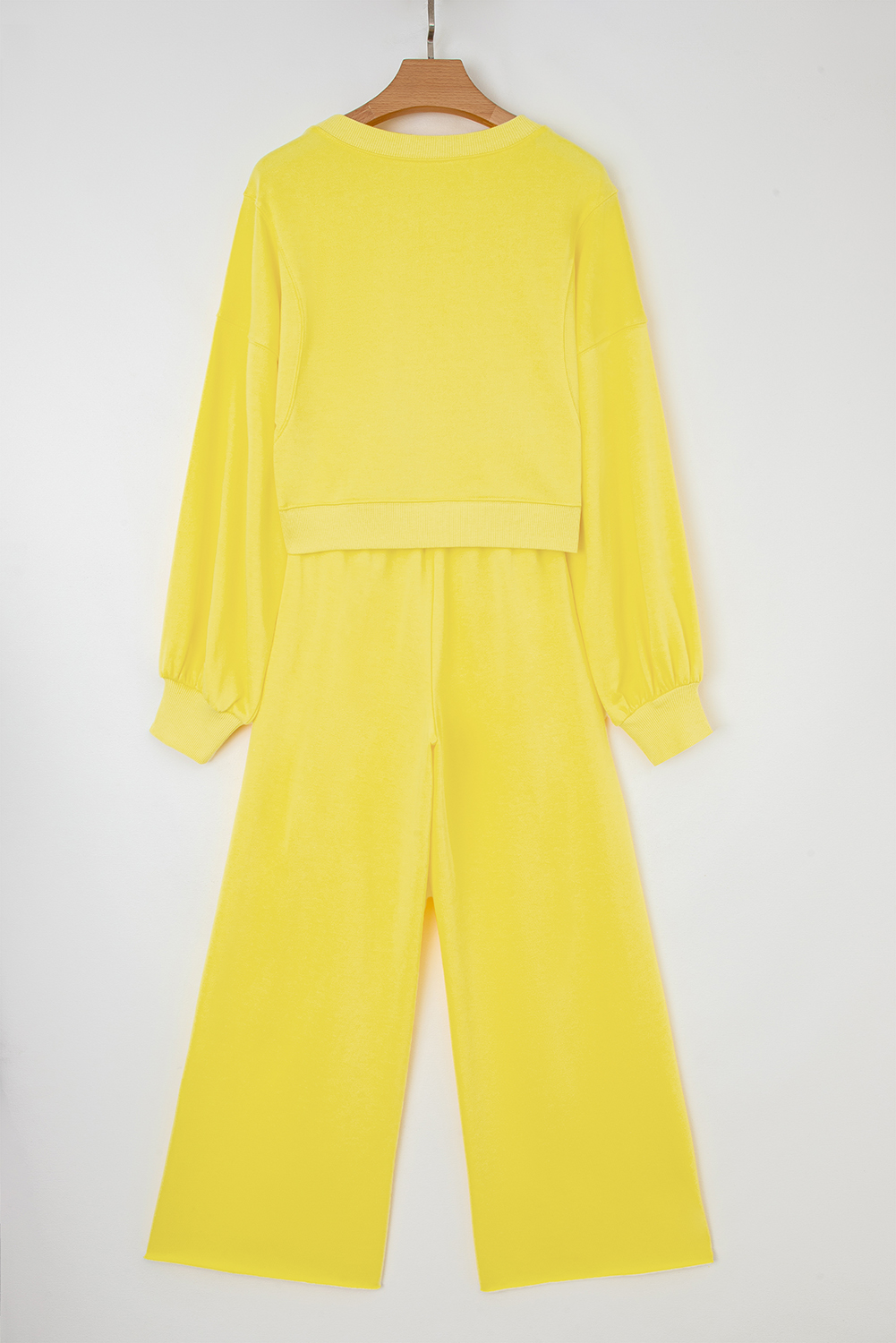 Bright Green Drop Shoulder Puff Sleeve Crop Pullover Drawstring Wide Leg Pants Set - loveforevers