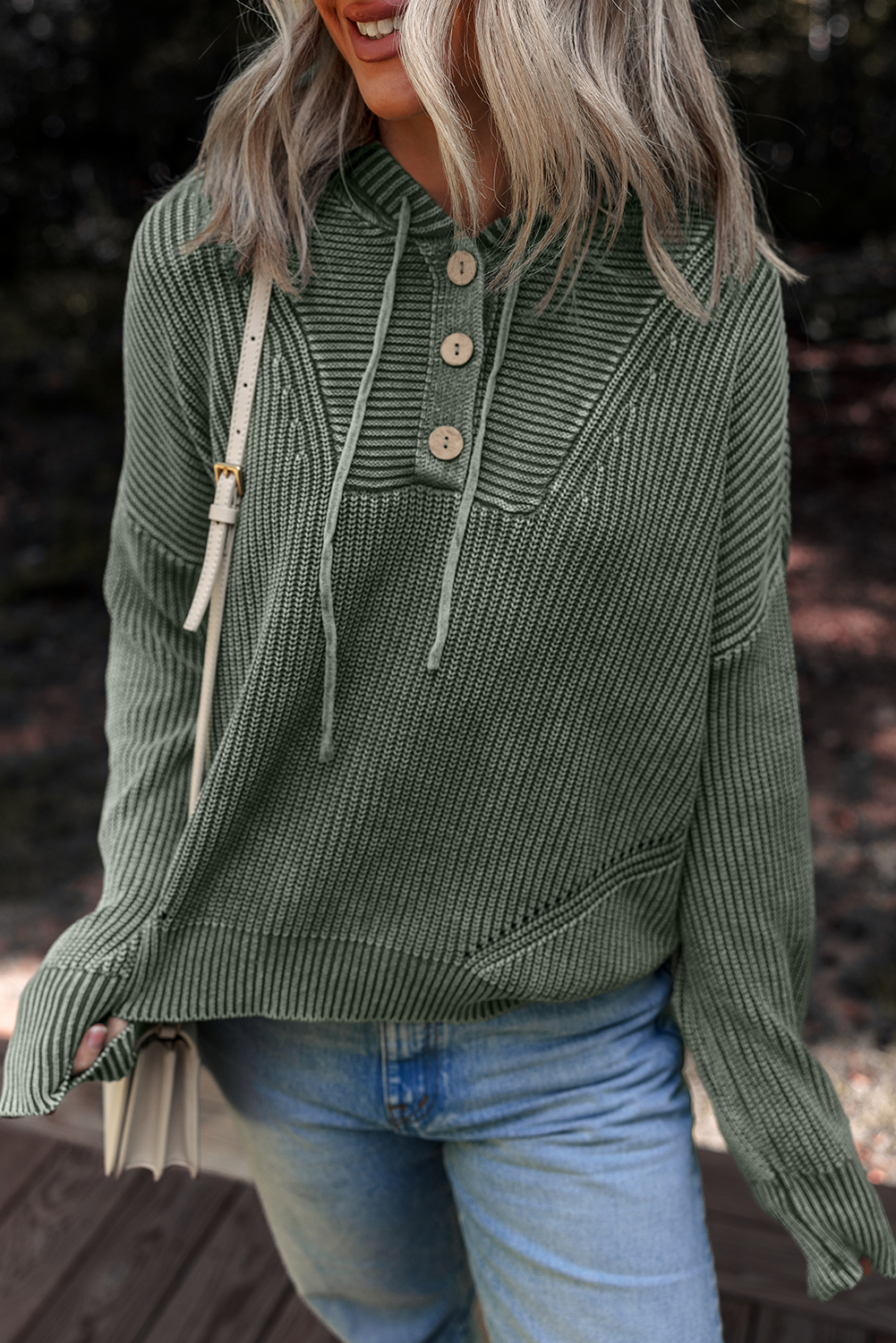 Mist Green Mineral Wash Ribbed Knit Button Drawstring Neck Hooded Sweater - loveforevers