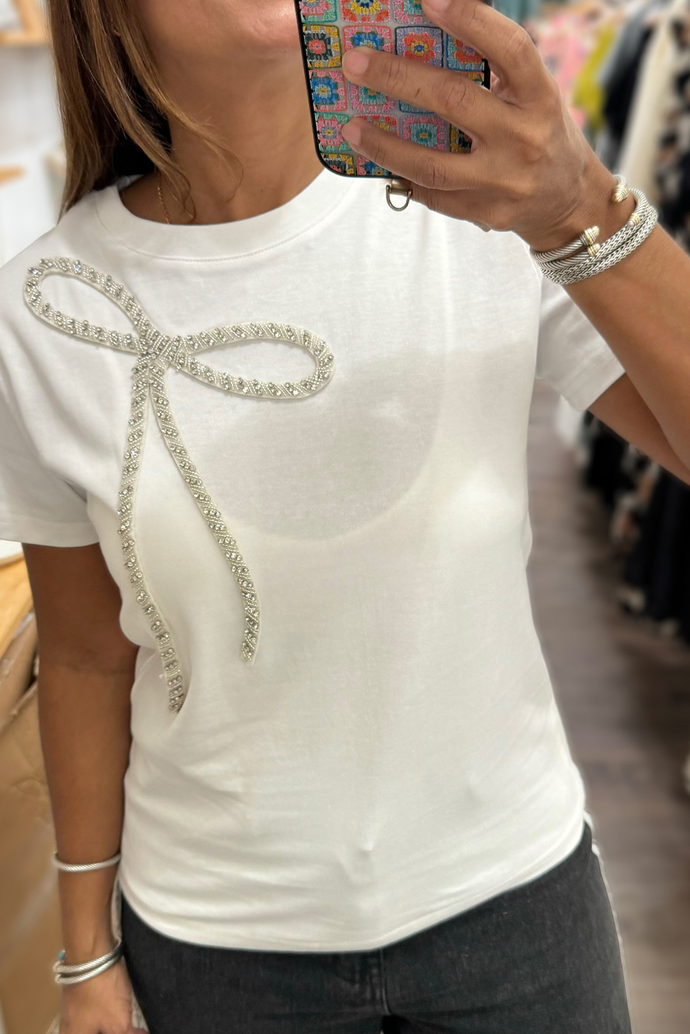 White Rhinestone Bow Embellished Round Neck Tee - loveforevers