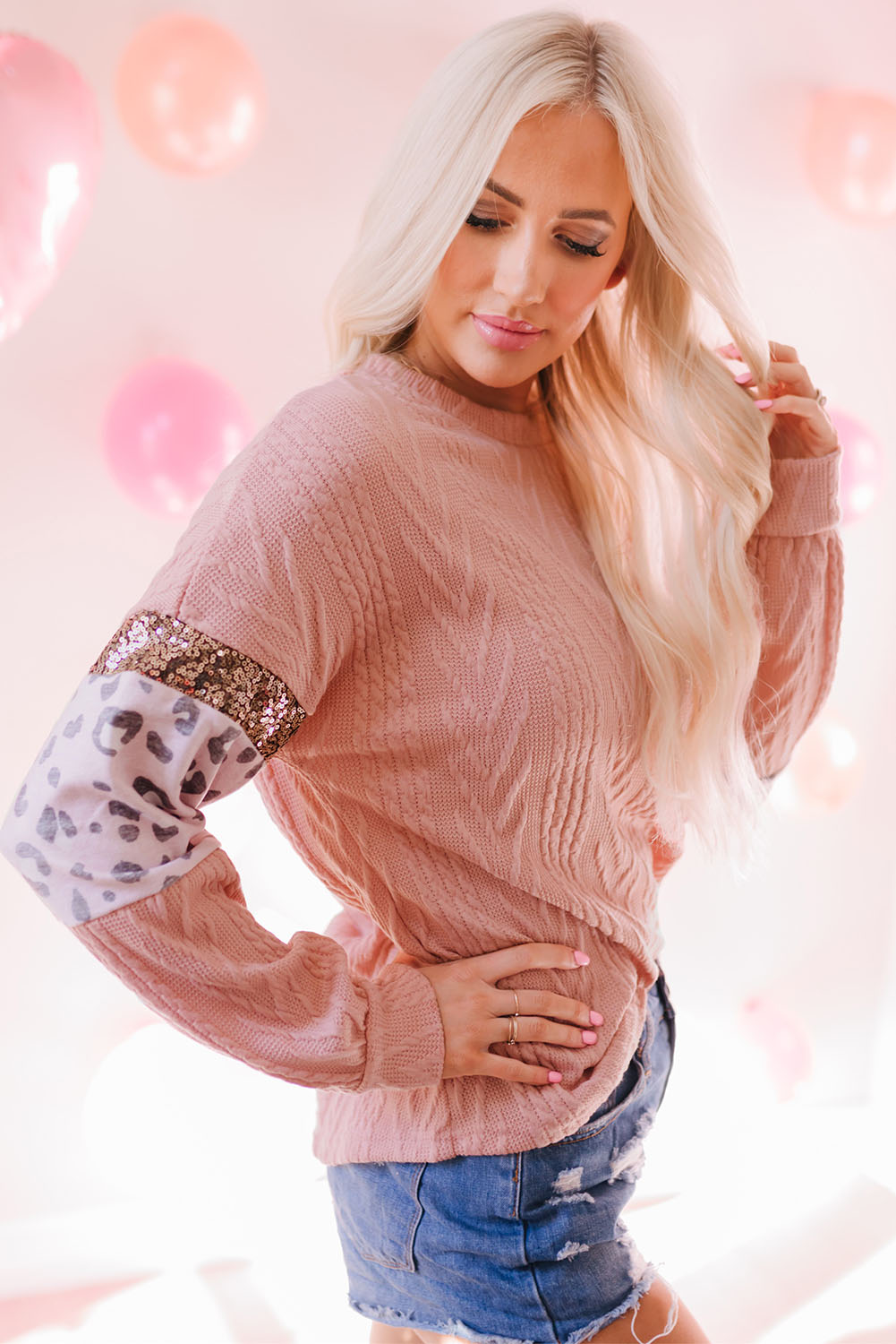 Pink Leopard Sequin Splicing Sleeves Textured Knit Top - loveforevers