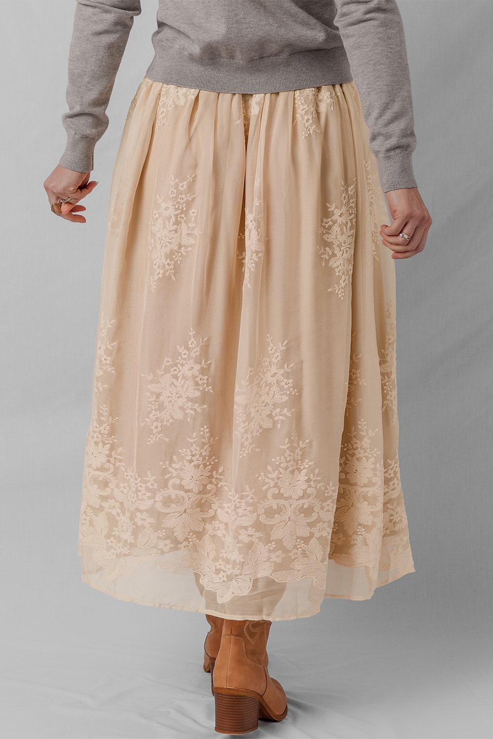 Oatmeal Embroidered Mesh Overlay Flowy Long Skirt - loveforevers