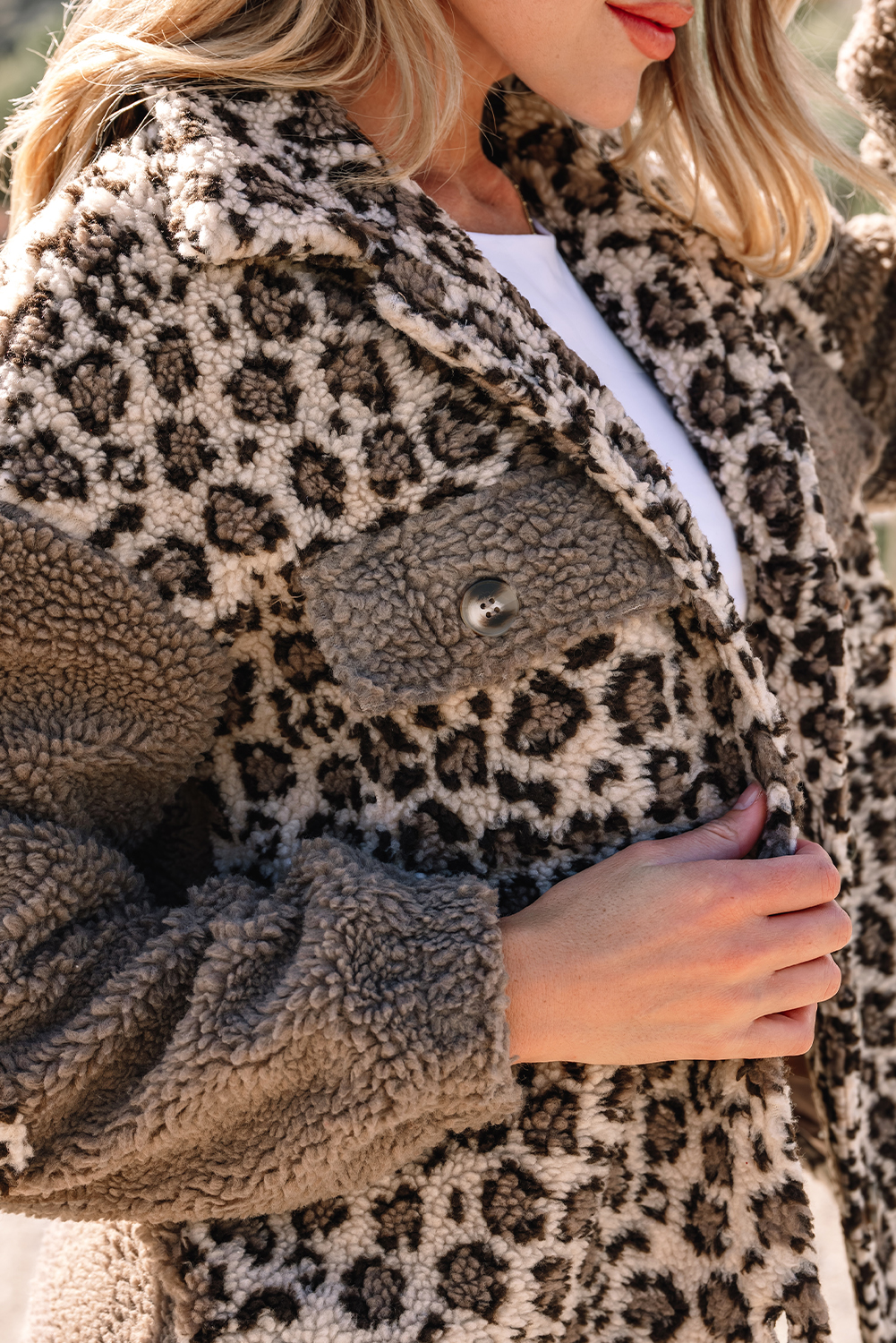 Brown Sherpa Leopard Print Flap Pocket Collared Button Up Jacket - loveforevers
