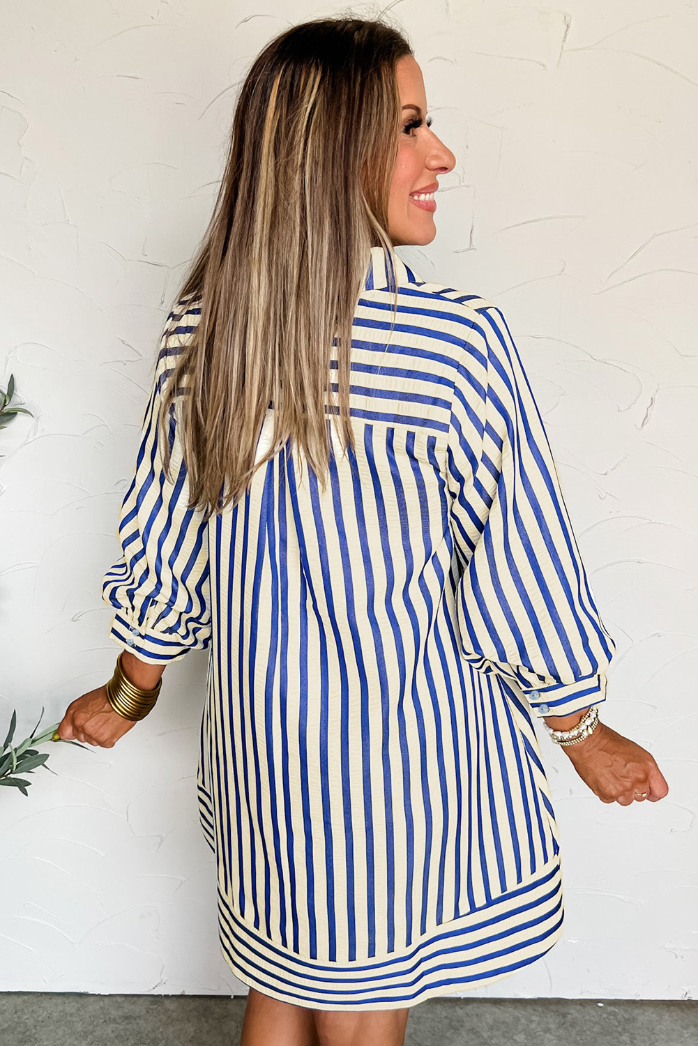 Blue Stripe Collared Half Button Side Pockets Loose Fit Mini Dress - loveforevers