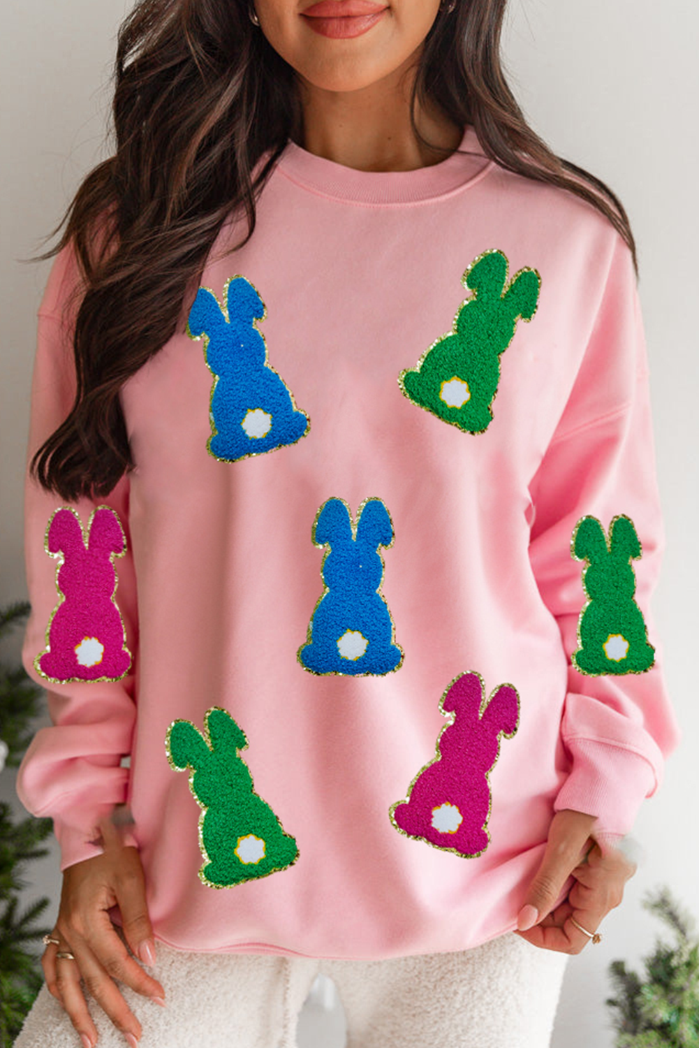 Pink Easter Bunny Chenille Patched Graphic Drop Shoulder Sweatshirt - loveforevers